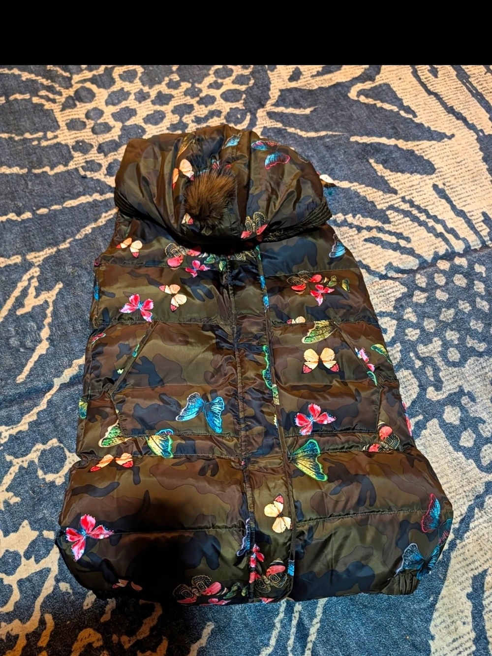 Camo and Butterfly Print Hooded Puffer Vest, Size M